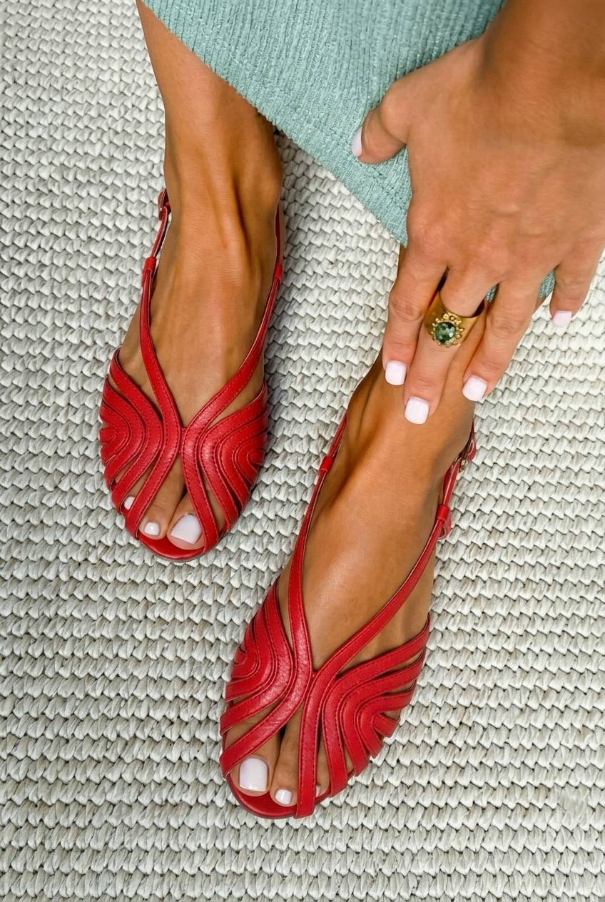 Sandalias Peep Toe de Verano Planas Rojas Estilo Jaula de Piel con Tiras