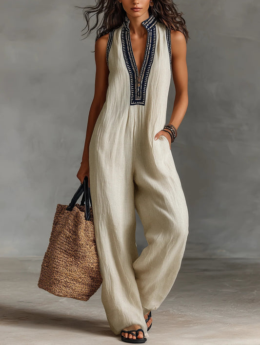 Gaia | Mono beige sin mangas con escote profundo y pierna ancha