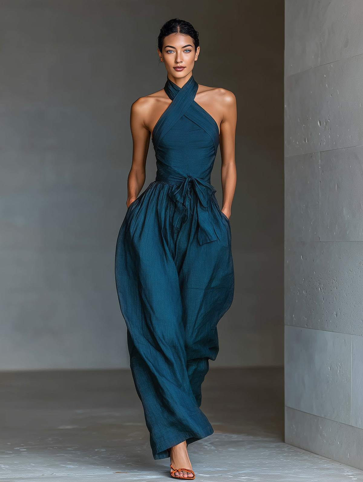 Venusta | Mono azul marino con escote halter cruzado y pierna amplia
