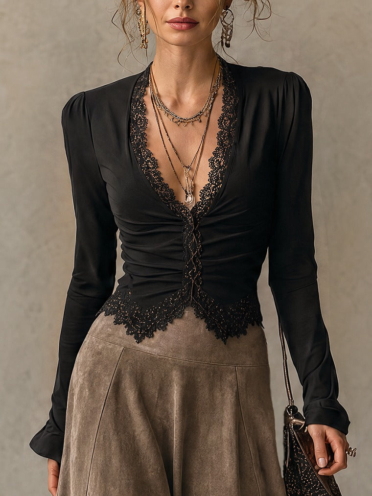 Albane | Conjunto de top con encaje y falda larga de ante en negro y topo