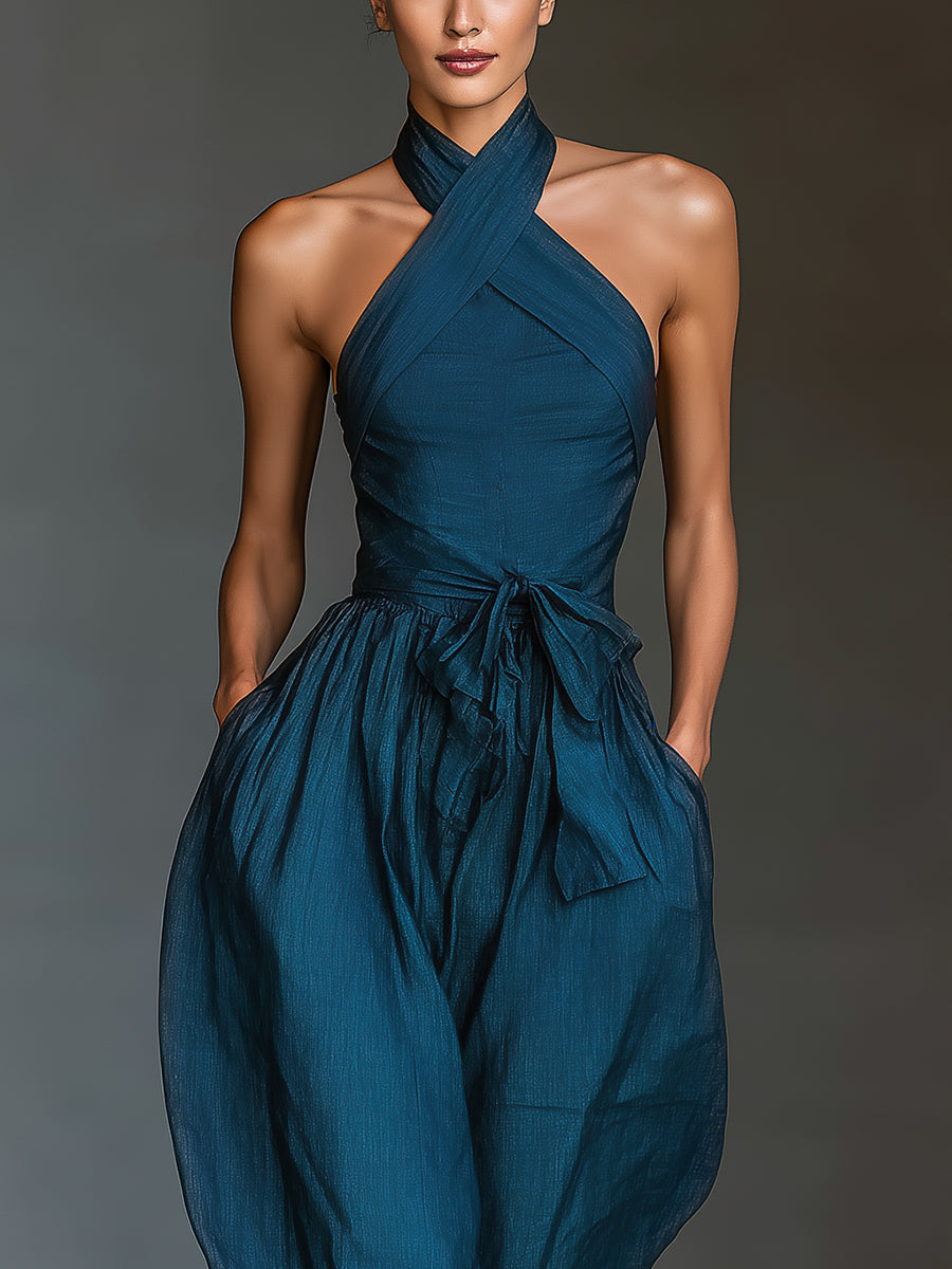 Venusta | Mono azul marino con escote halter cruzado y pierna amplia
