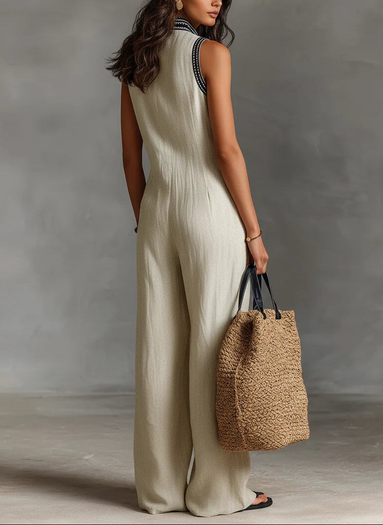 Gaia | Mono beige sin mangas con escote profundo y pierna ancha