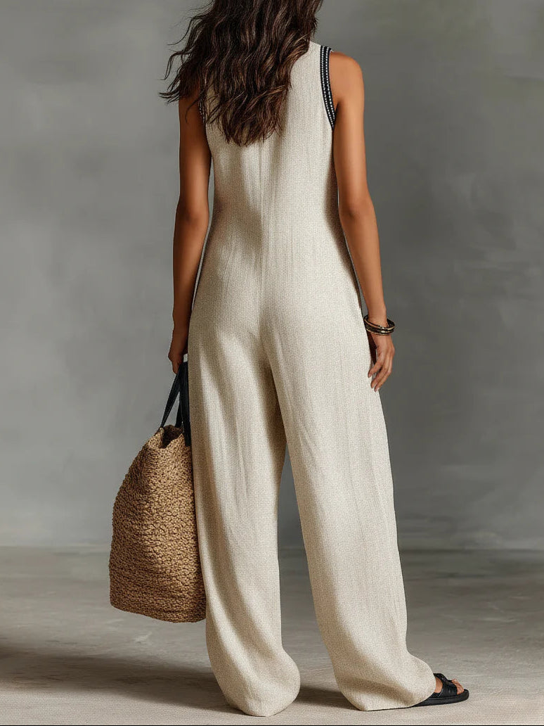 Gaia | Mono beige sin mangas con escote profundo y pierna ancha