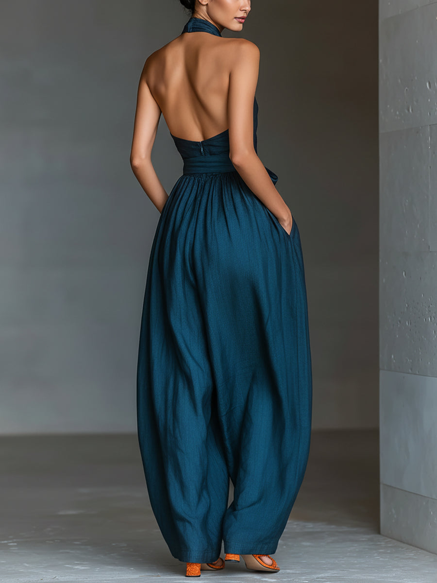 Venusta | Mono azul marino con escote halter cruzado y pierna amplia