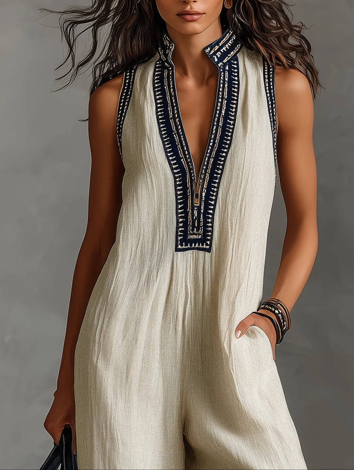 Gaia | Mono beige sin mangas con escote profundo y pierna ancha