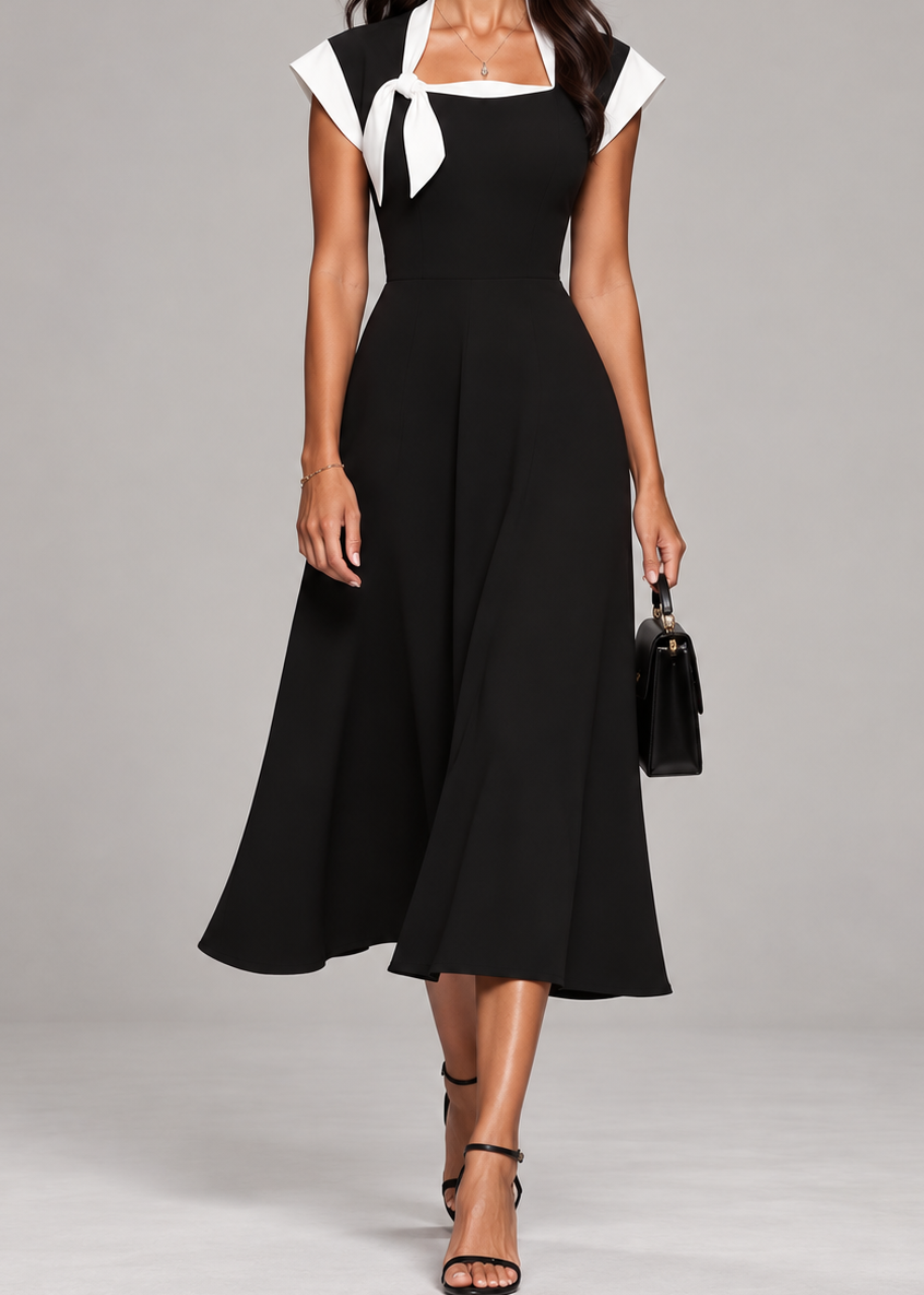 Ariane | Vestido midi con escote cuadrado y mangas en contraste