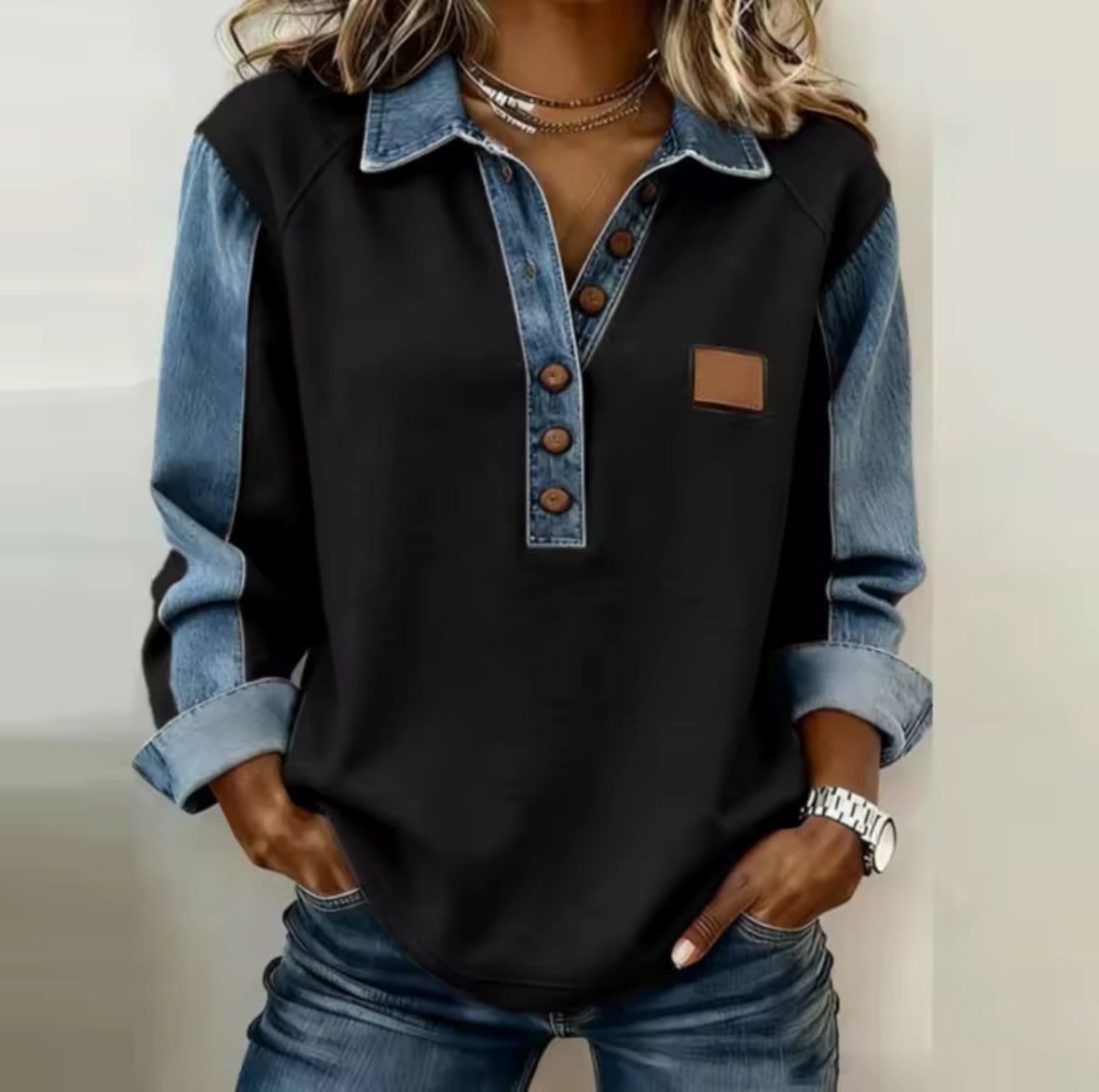 Jersey bicolor con cuello abotonado Pauline