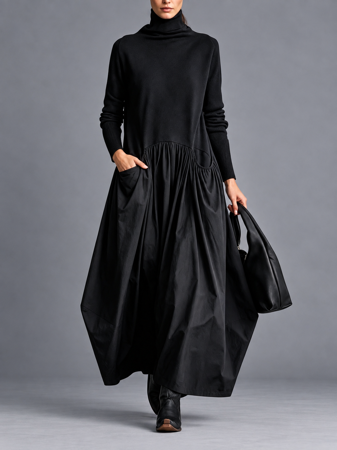 Odette | Vestido largo negro oversize con cuello alto