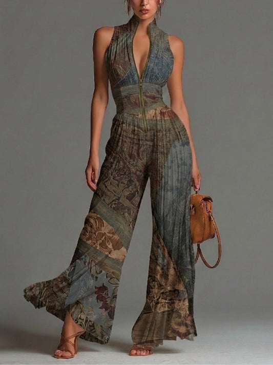 Selvaggia | Mono con estampado étnico, escote en V y pierna ancha