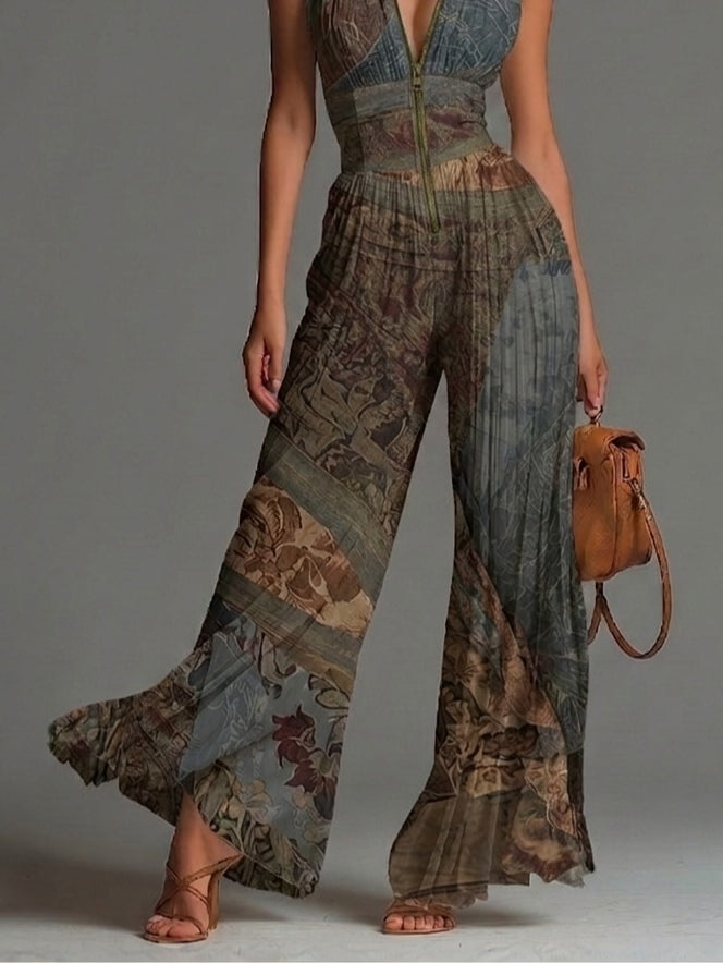 Selvaggia | Mono con estampado étnico, escote en V y pierna ancha