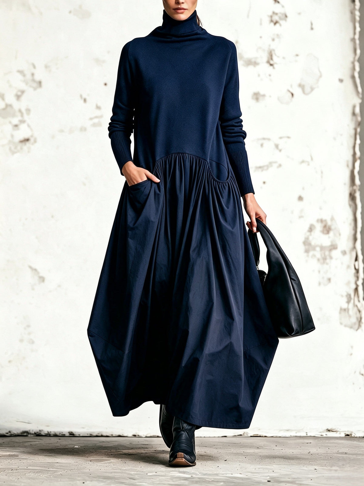 Odette | Vestido largo negro oversize con cuello alto