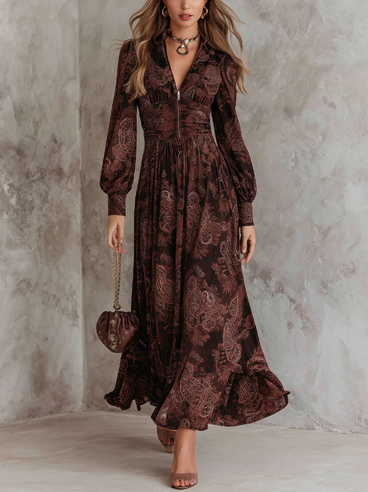 Oriane | Vestido largo de talle alto con cremallera y estampado paisley marrón