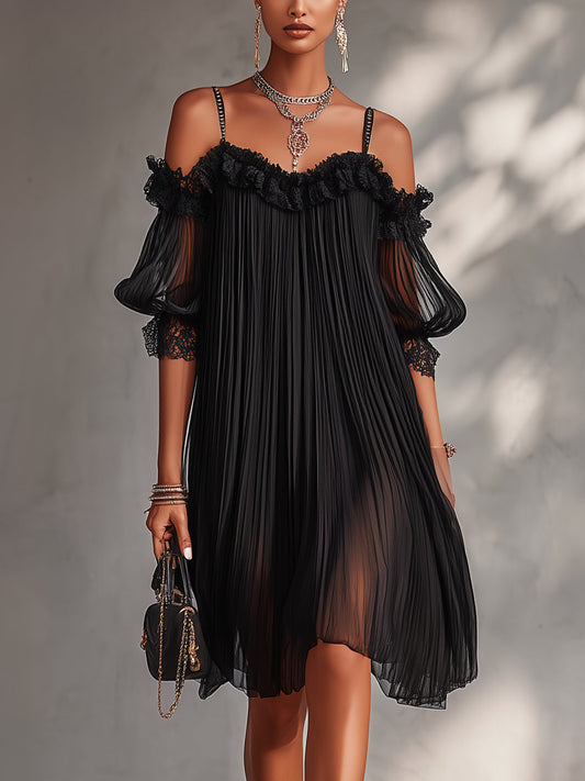 Camille | Minivestido negro de gasa con hombros descubiertos y encaje