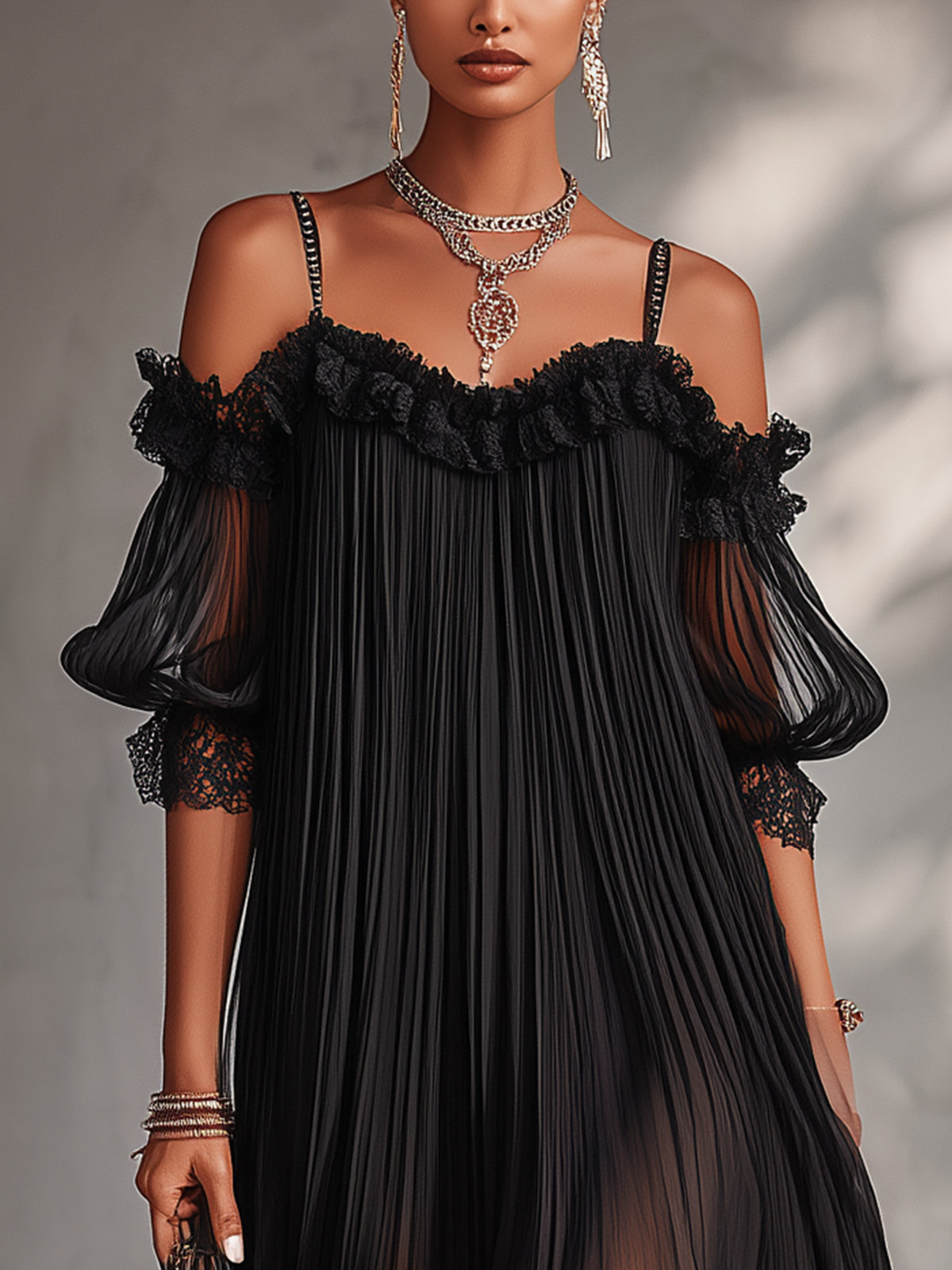 Camille | Minivestido negro de gasa con hombros descubiertos y encaje
