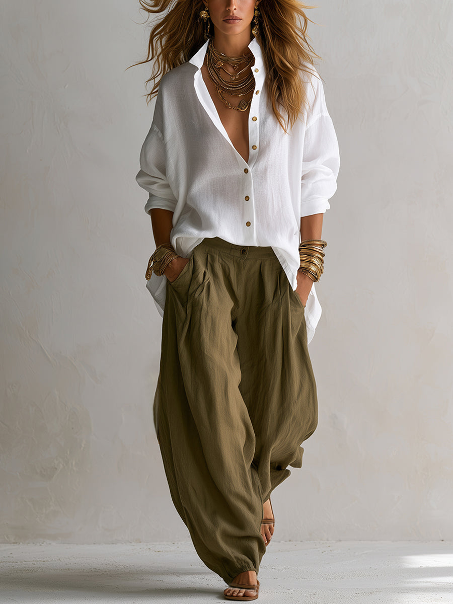 Capucine | Conjunto de blusa blanca holgada y pantalón verde oliva