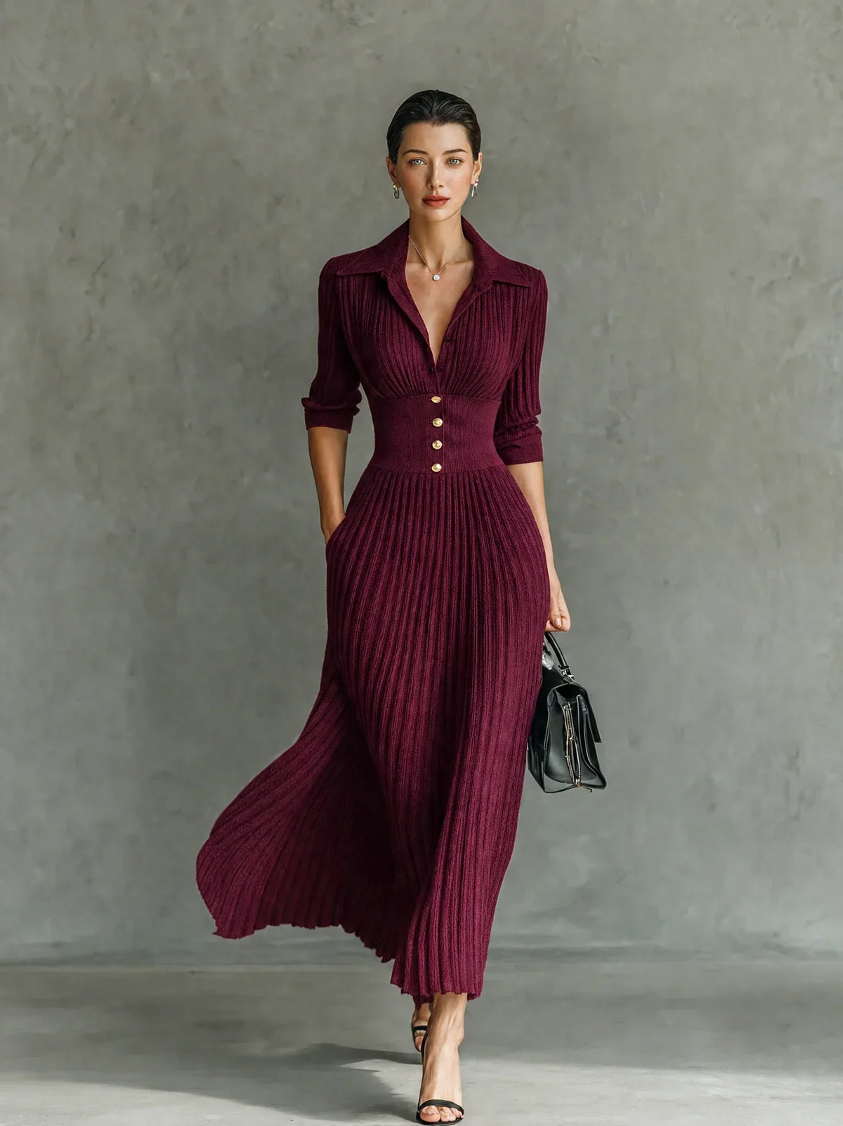 Elvire | Vestido largo plisado con solapas y talle alto