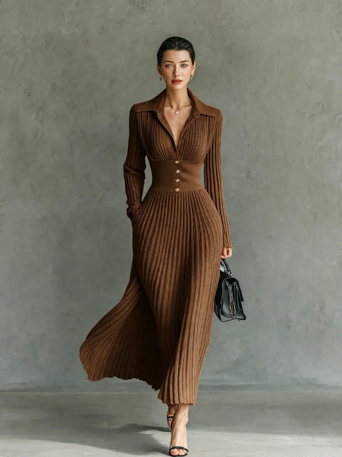 Elvire | Vestido largo plisado con solapas y talle alto
