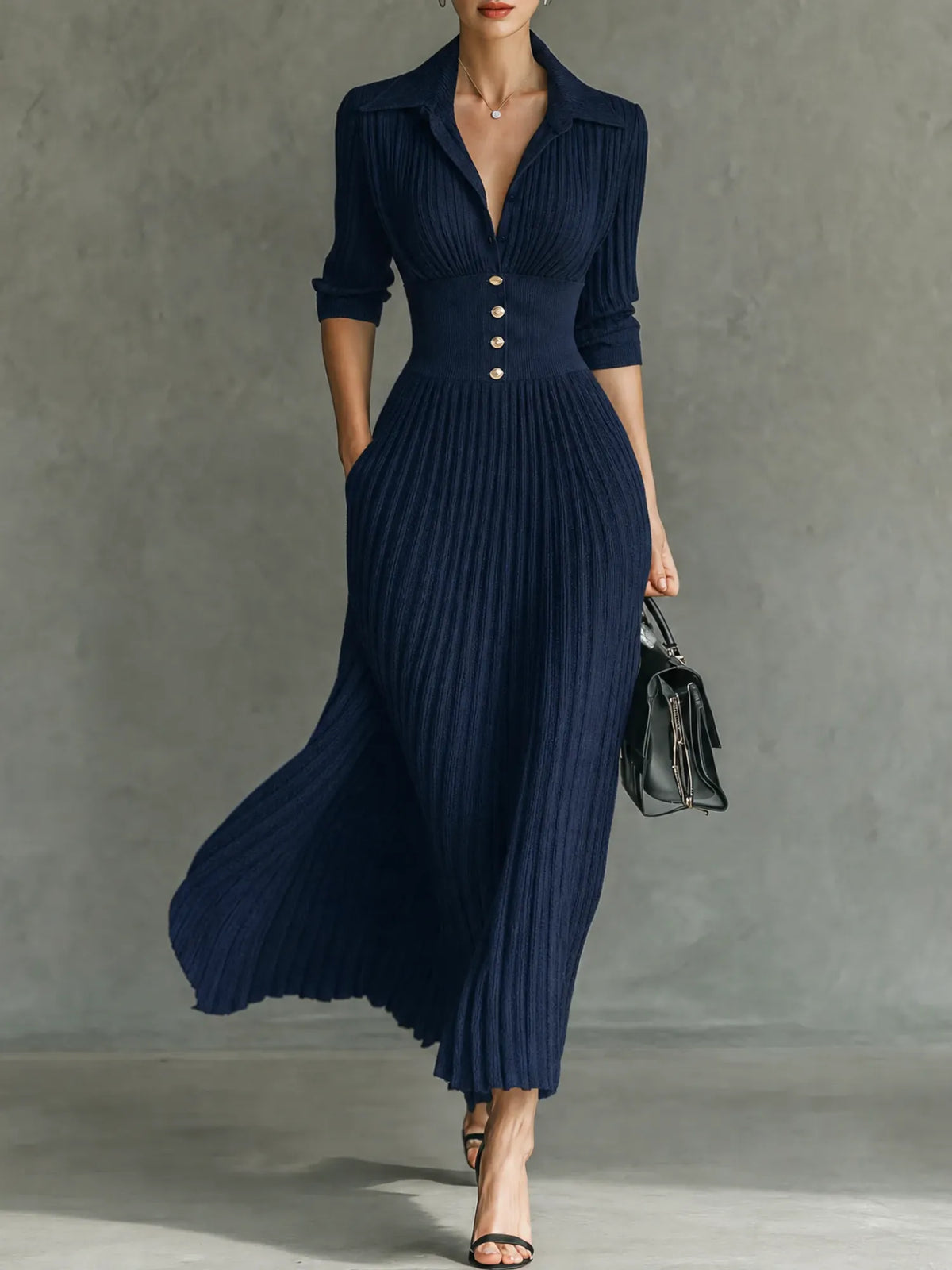 Elvire | Vestido largo plisado con solapas y talle alto
