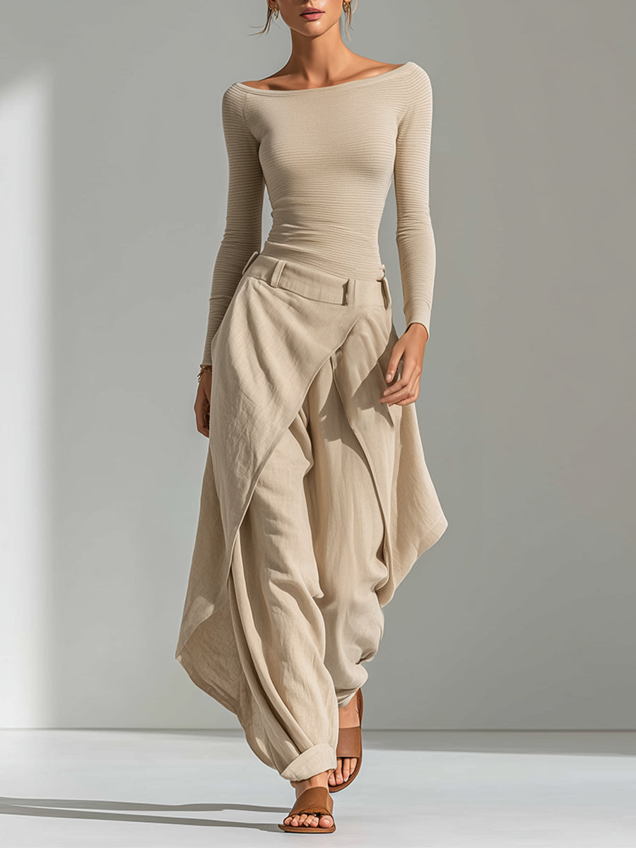 Éveline | Conjunto de top beige con escote barco y pantalón ancho con volantes