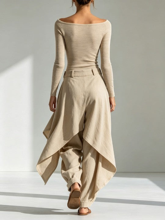 Éveline | Conjunto de top beige con escote barco y pantalón ancho con volantes