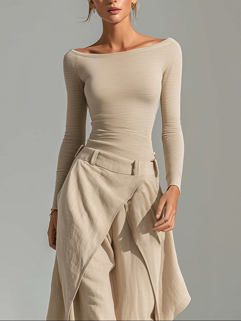 Éveline | Conjunto de top beige con escote barco y pantalón ancho con volantes