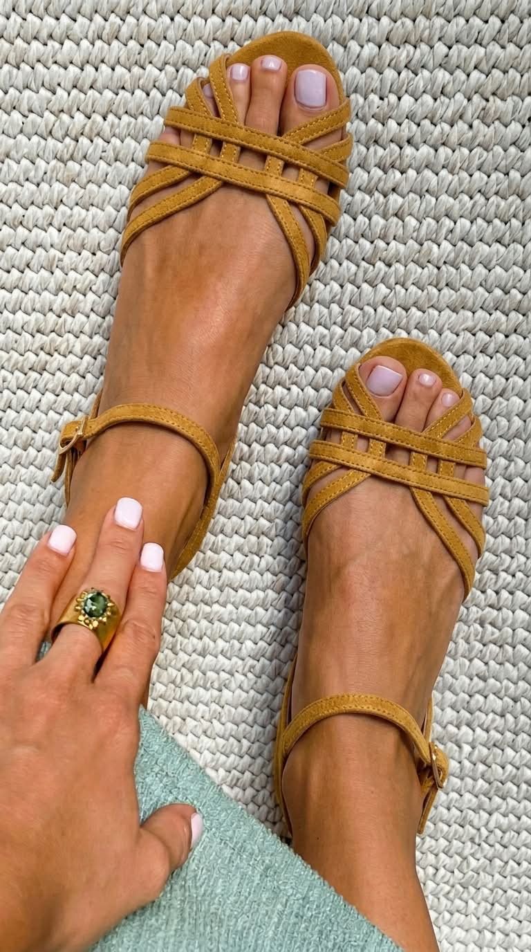 Sandalias de Ante Planas Cuero con Hebilla al Tobillo y Tiras Múltiples