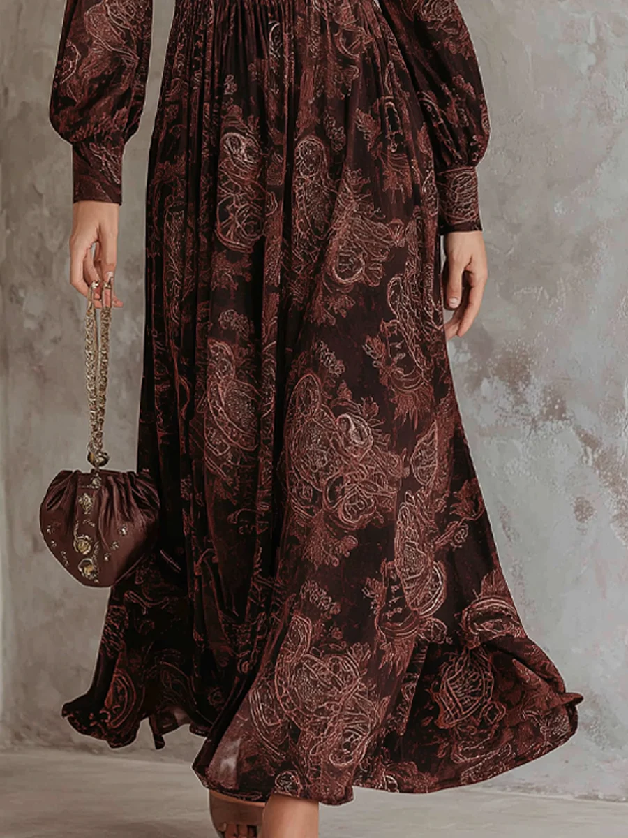 Oriane | Vestido largo de talle alto con cremallera y estampado paisley marrón