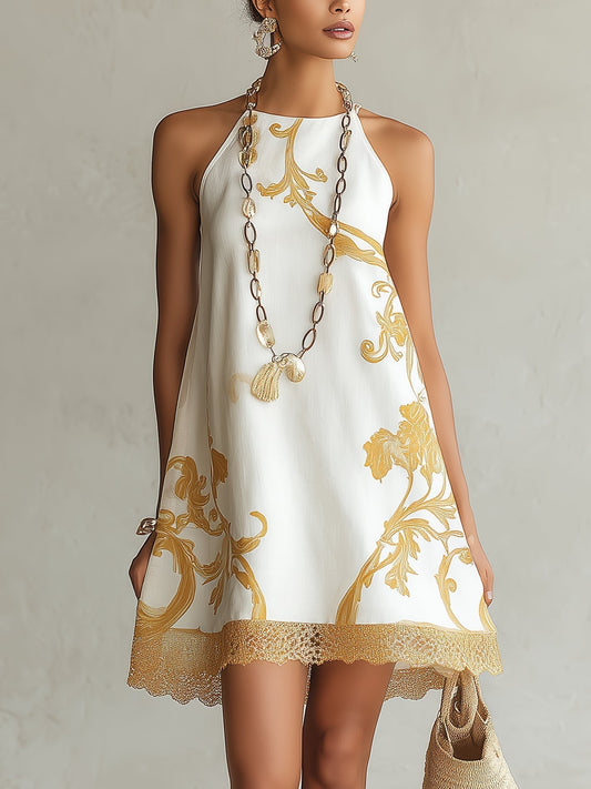 Héloïse | Minivestido blanco de encaje con motivos dorados