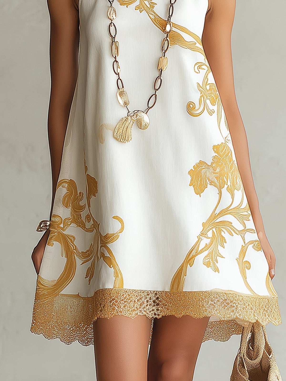 Héloïse | Minivestido blanco de encaje con motivos dorados