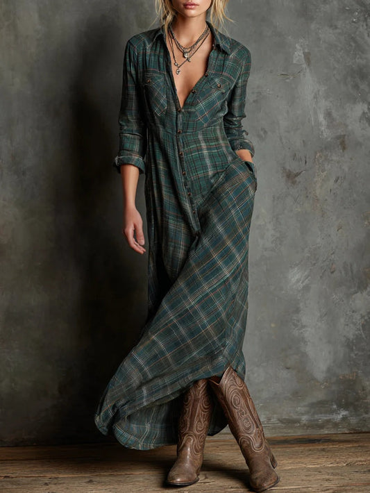 Margaux | Vestido camisero largo de cuadros verdes