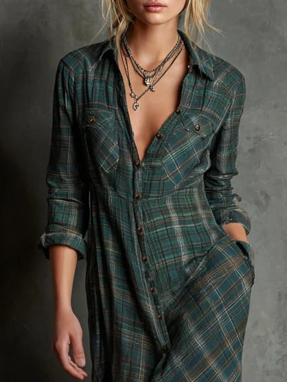 Margaux | Vestido camisero largo de cuadros verdes