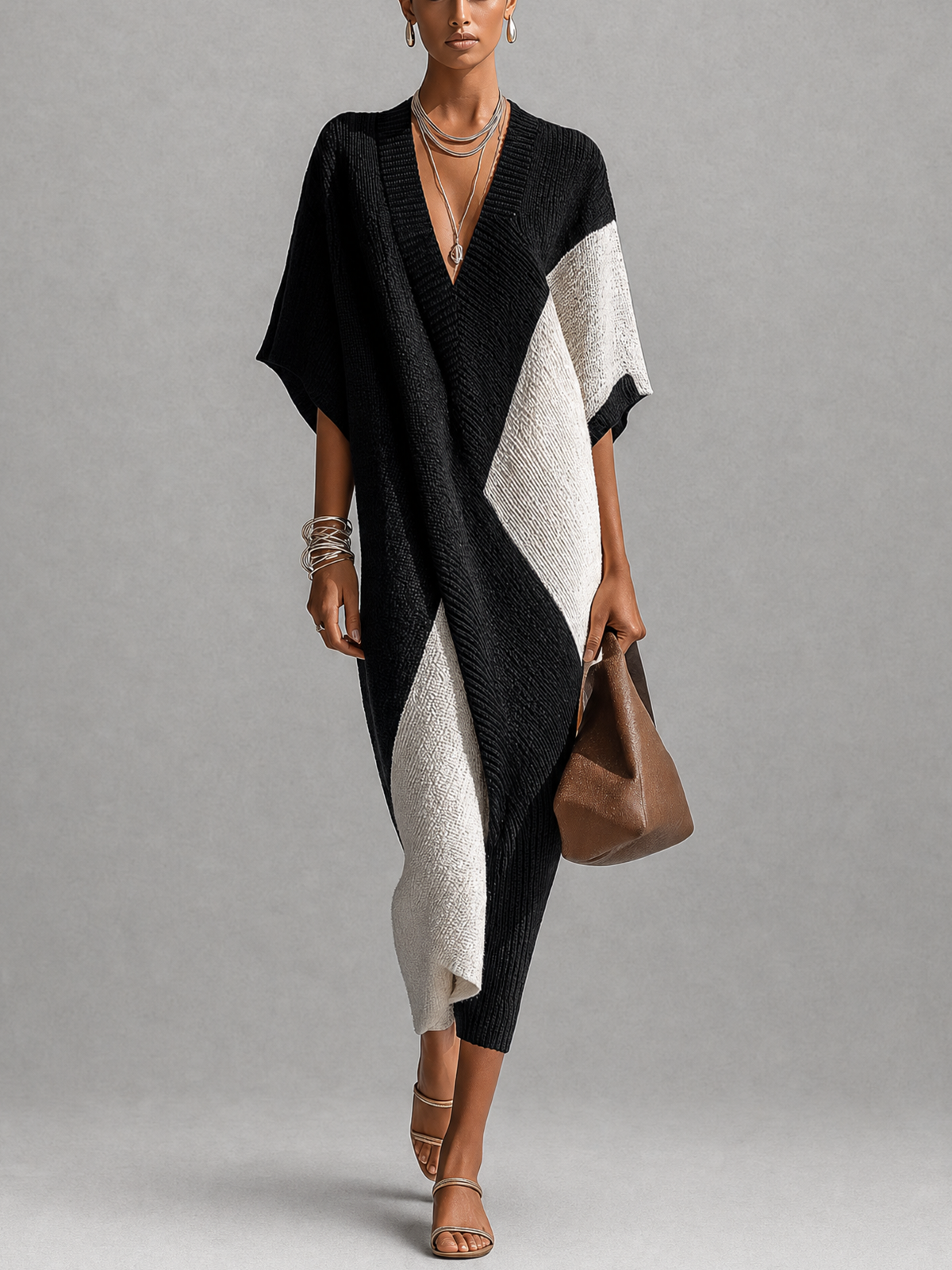 Véra | Vestido midi bicolor negro y marfil